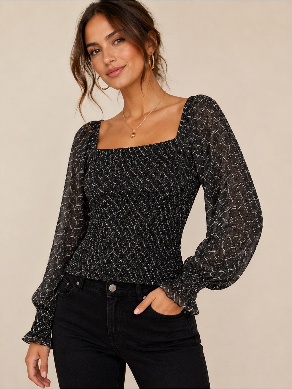 Anthropologie Black Smocked Square-Neck Long Sleeve Blouse